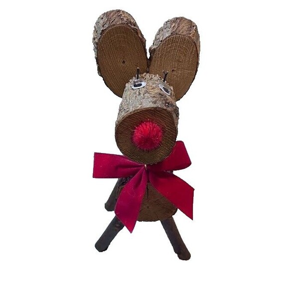 Rustic Wood Christmas Reindeer 12" Tabletop Decor Googly Eyes Red Nose Rudolph - Picture 1 of 6